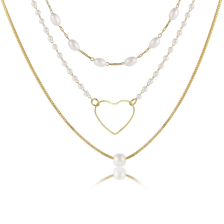 Retro Pearl Love Pendant Necklace Statement Clavicle Chain Layered Jewelry