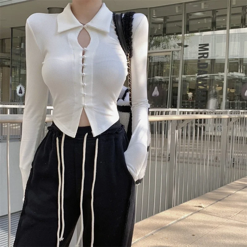Billlnai  2023 Graduation party  Y2k Women White Button Down T-shirt Long Sleeve Hollow Out Short Bottoming Lapel Shirts 2023 Spring Autumn Female Crop Tops