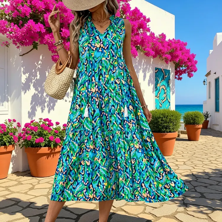 Women's Sleeveless Abstract Print Tiered Midi Dress