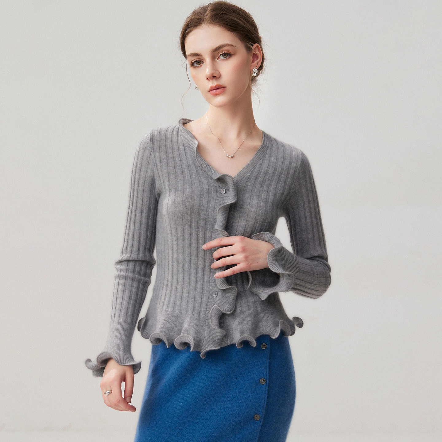 Women's Baby Cashmere Cardigan Slim Fit Flared-Cuff V-Neck REAL SILK LIFE
