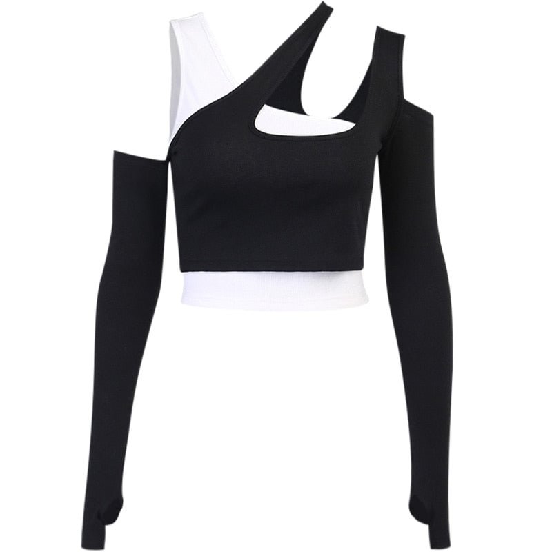 InsGoth Punk Fashion Black White Patchwork Tops Long Sleeve Crop Tops Female Harajuku Grunge Off Shoulder Bodycon Tops Autumn