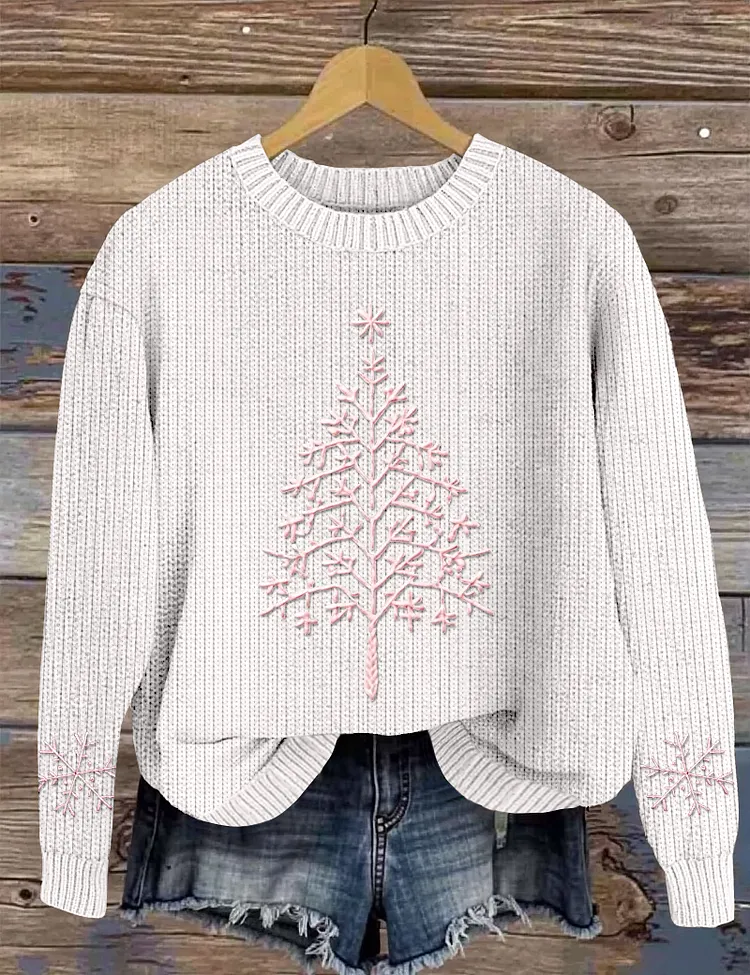 Vintage Pink Awareness Christmas Tree Embroidery Knitted Cozy Sweater