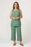 Front view of women's sage green linen two-piece set featuring layered sleeveless tunic and wide-leg cropped pants