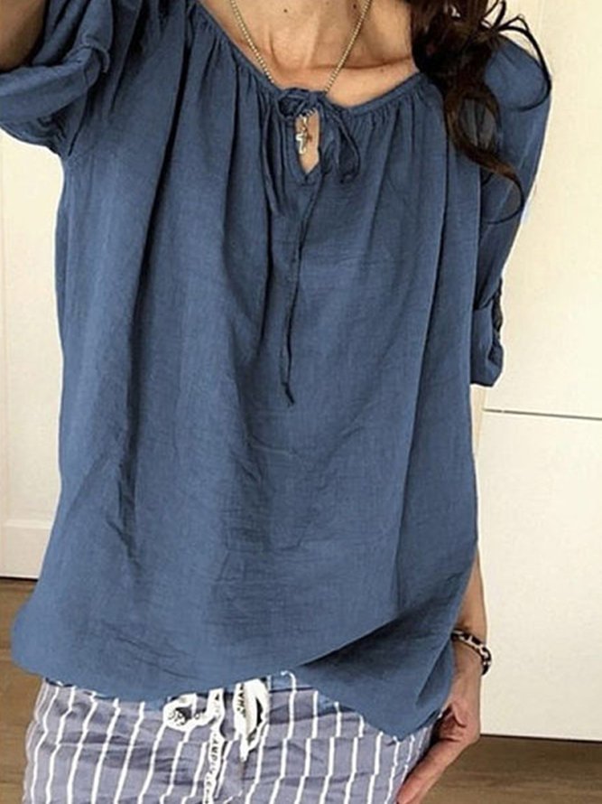 Plain Vintage Long Sleeve Round Neck Lace Up Plain Casual Blouses