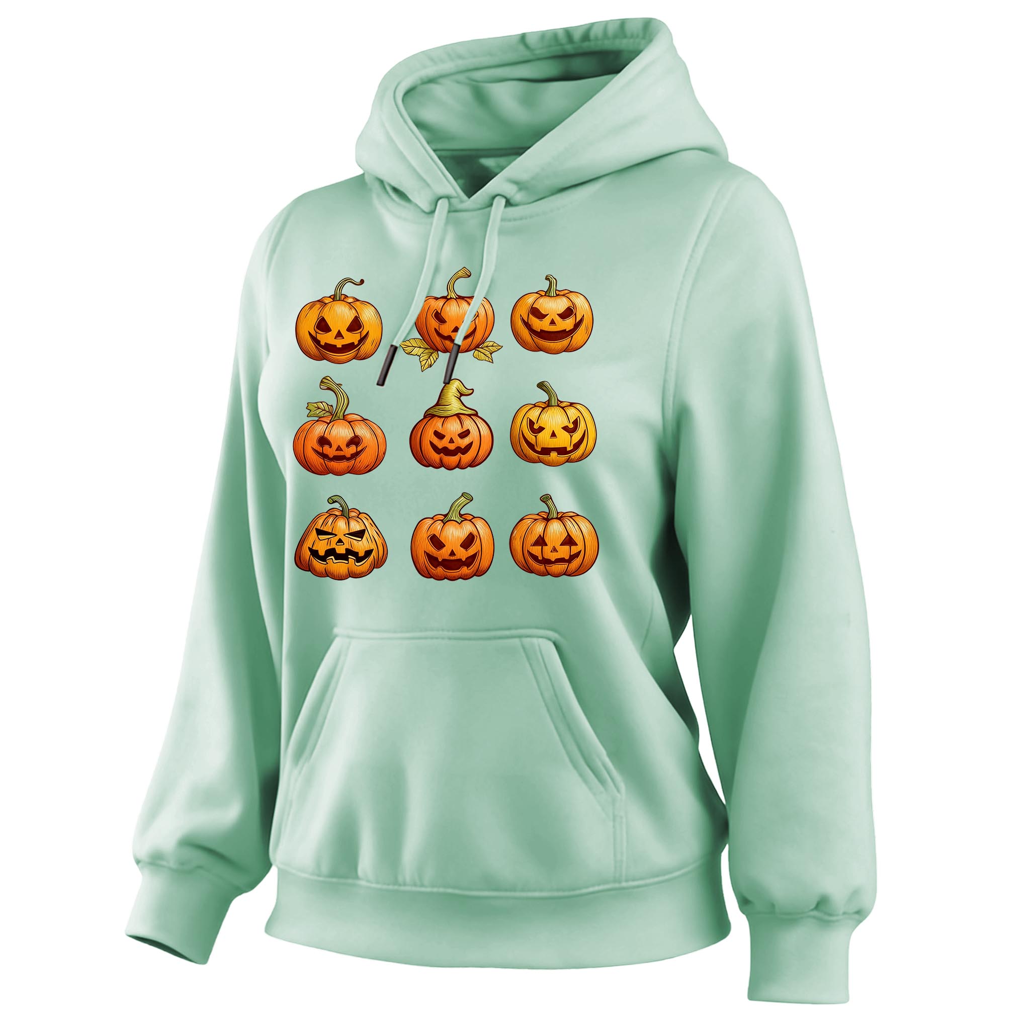 Women's Vintage Halloween Pumpkin Print Pocket Long-Sleeve Hoodie
