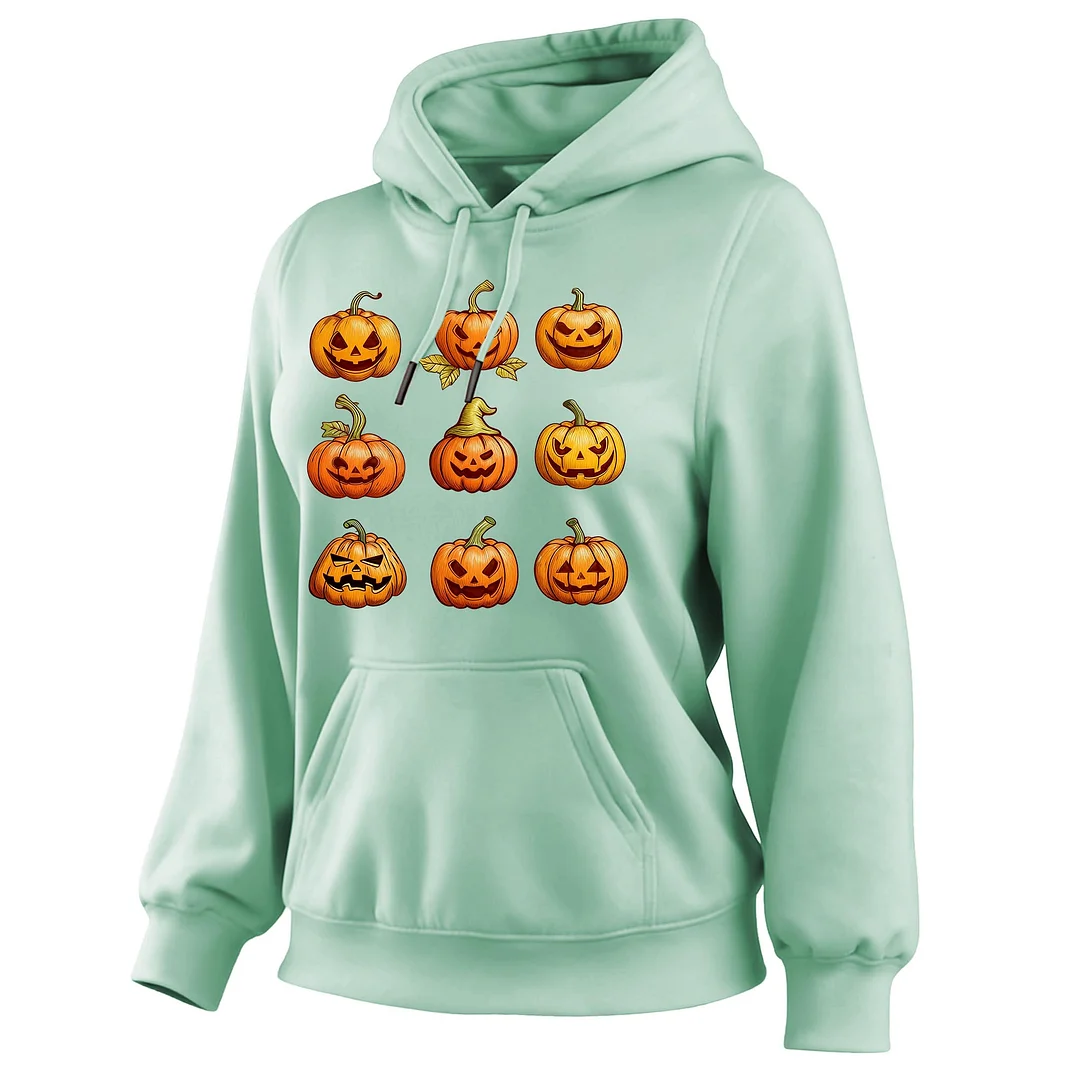 Women's Vintage Halloween Pumpkin Print Pocket Long-Sleeve Hoodie