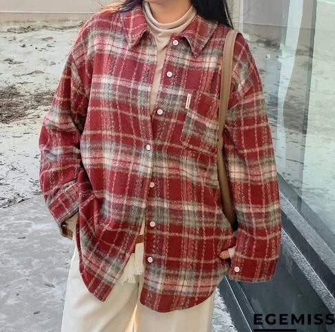 Retro Plaid Double Pocket Loose Woolen Coat | EGEMISS