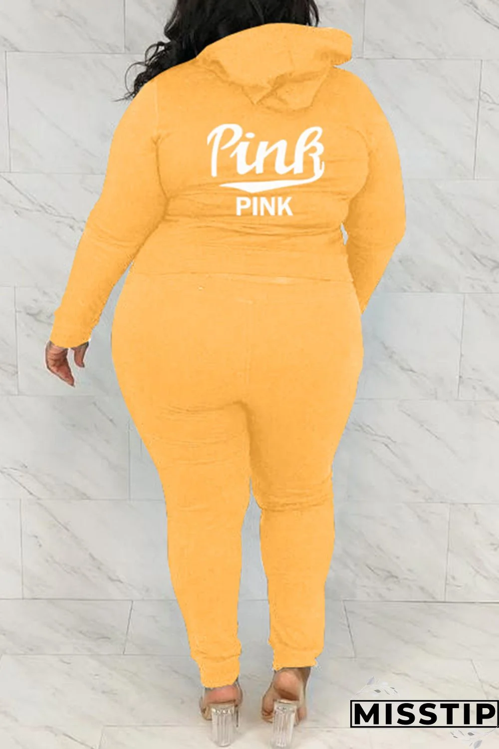 Black Fashion Casual Letter Print Basic Hooded Collar Plus Size Two Pieces