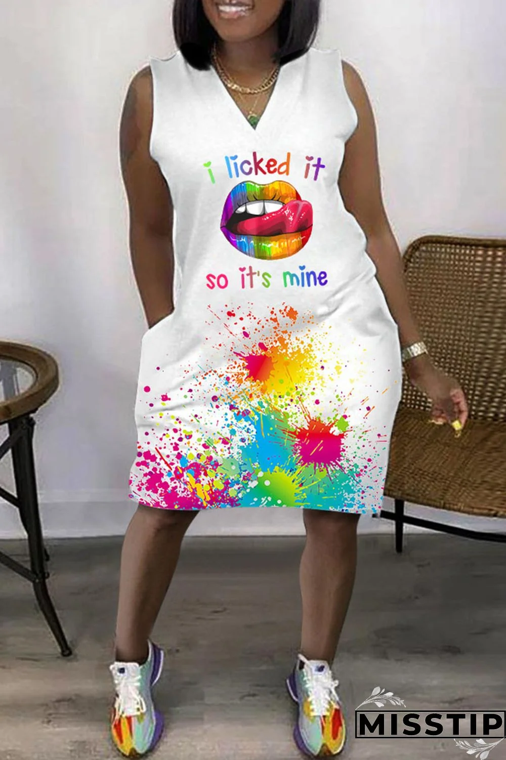 Cyan Casual Print Basic V Neck Sleeveless Dress Dresses