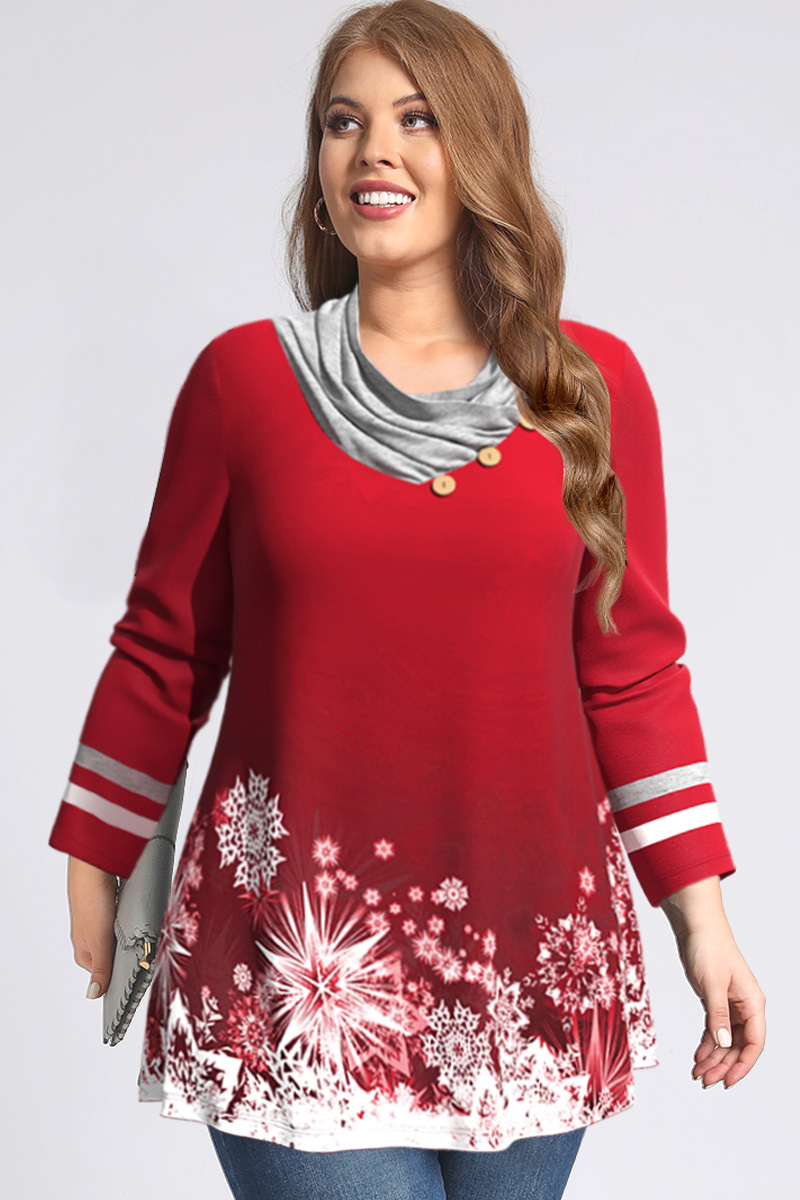 Flycurvy Plus Size Christmas Casual Red Striped Snowflake Print Cowl Neck Blouse