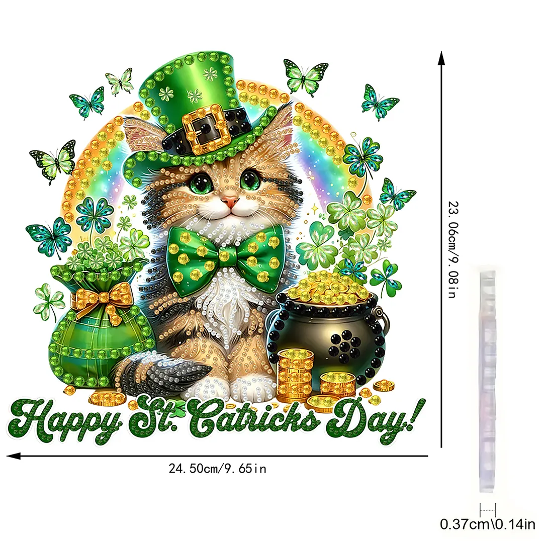 St Patricks Day Cat DIY 2D Flat Acrylic Diamond Painting Kits 5D Diamond Art Painting Window Pendants for Home Garden Wall Decoration