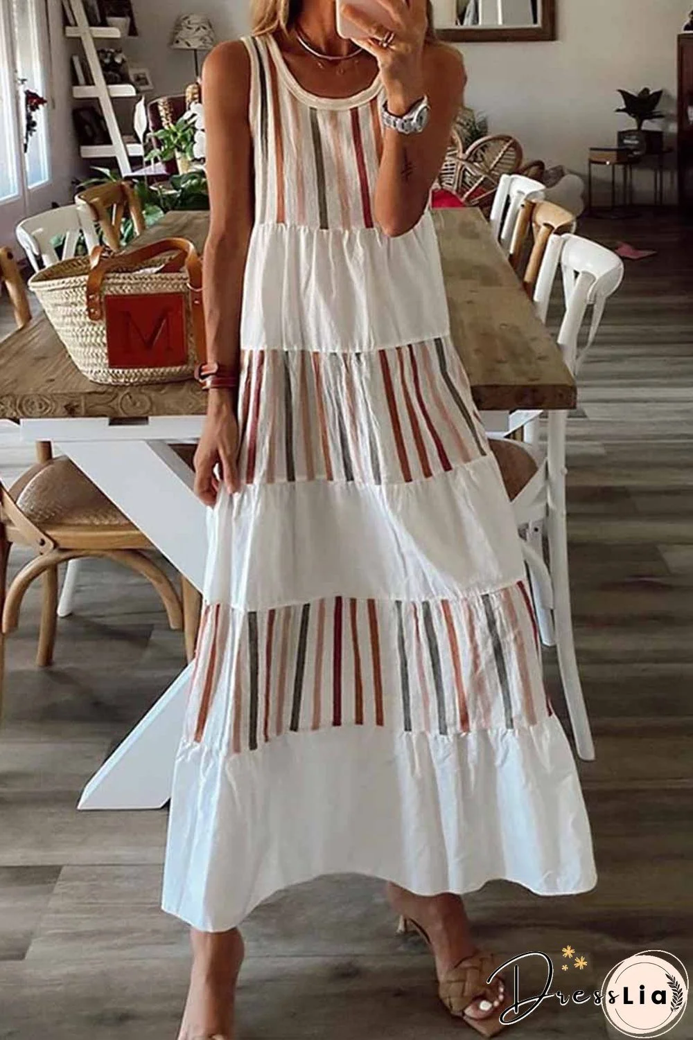 Contrast Sleeveless Striped Midi Dress
