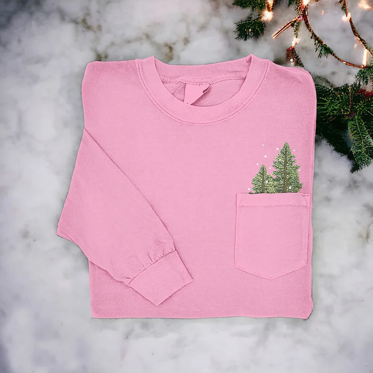 Women's Pocket Christmas Tree Embroidery Art Long-Sleeved T-Shirt