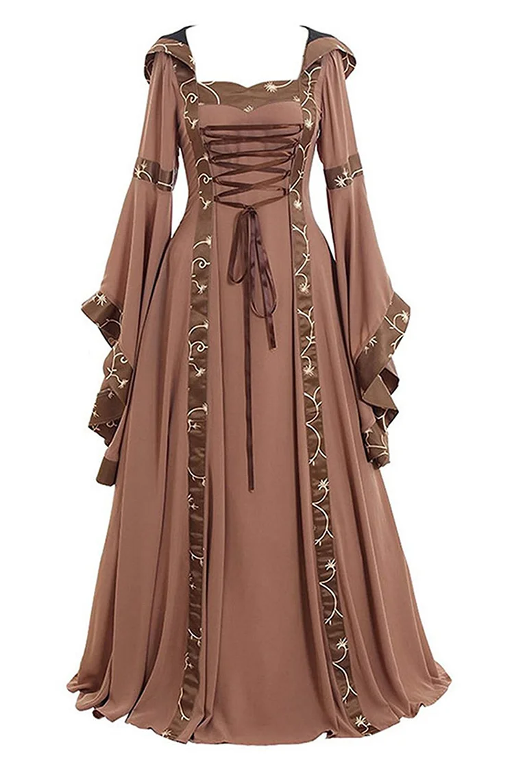 Medieval Retro Khaki Square Collar Flared Sleeves Hoodie Maxi Dress
