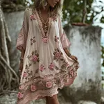 Boho Pink Roses Embroidered Lace Flowy Linen Midi Dress - Image 2