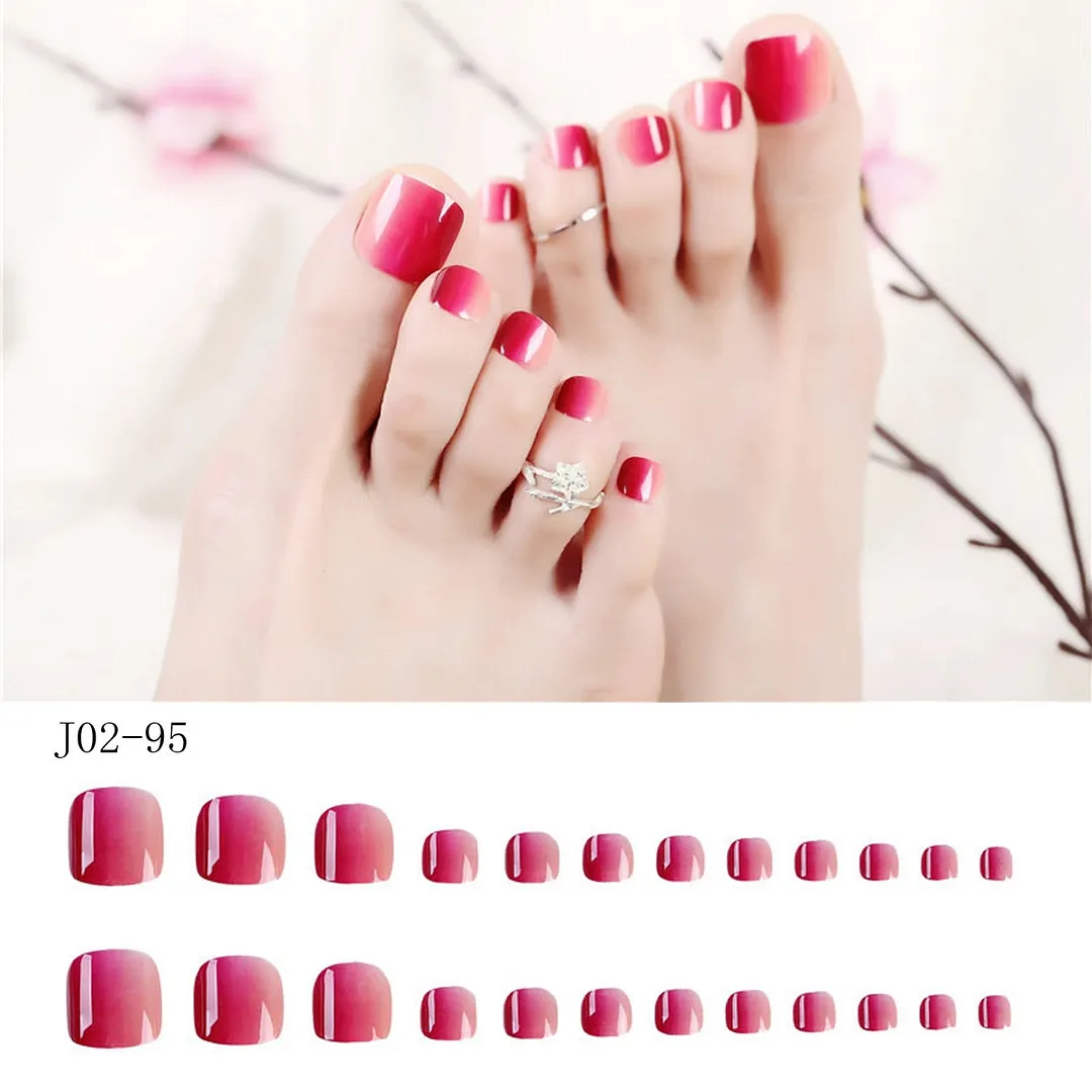 24pcs Luxury Full Fake Toe Nail Rhinestone False Nails Finished Manicure Flash Drill Wine Red Foot Nail Art for Summer Barefoot-Nail Inspo