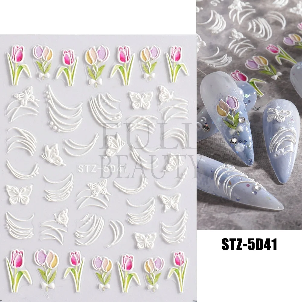 Churchf Nail Stickers Flowers Geometric Lines Decor Acrylic Embossed Sliders Gold Frame Nail Decals Cherry Blossom Manicure GLJI-5D05-Nail Inspo