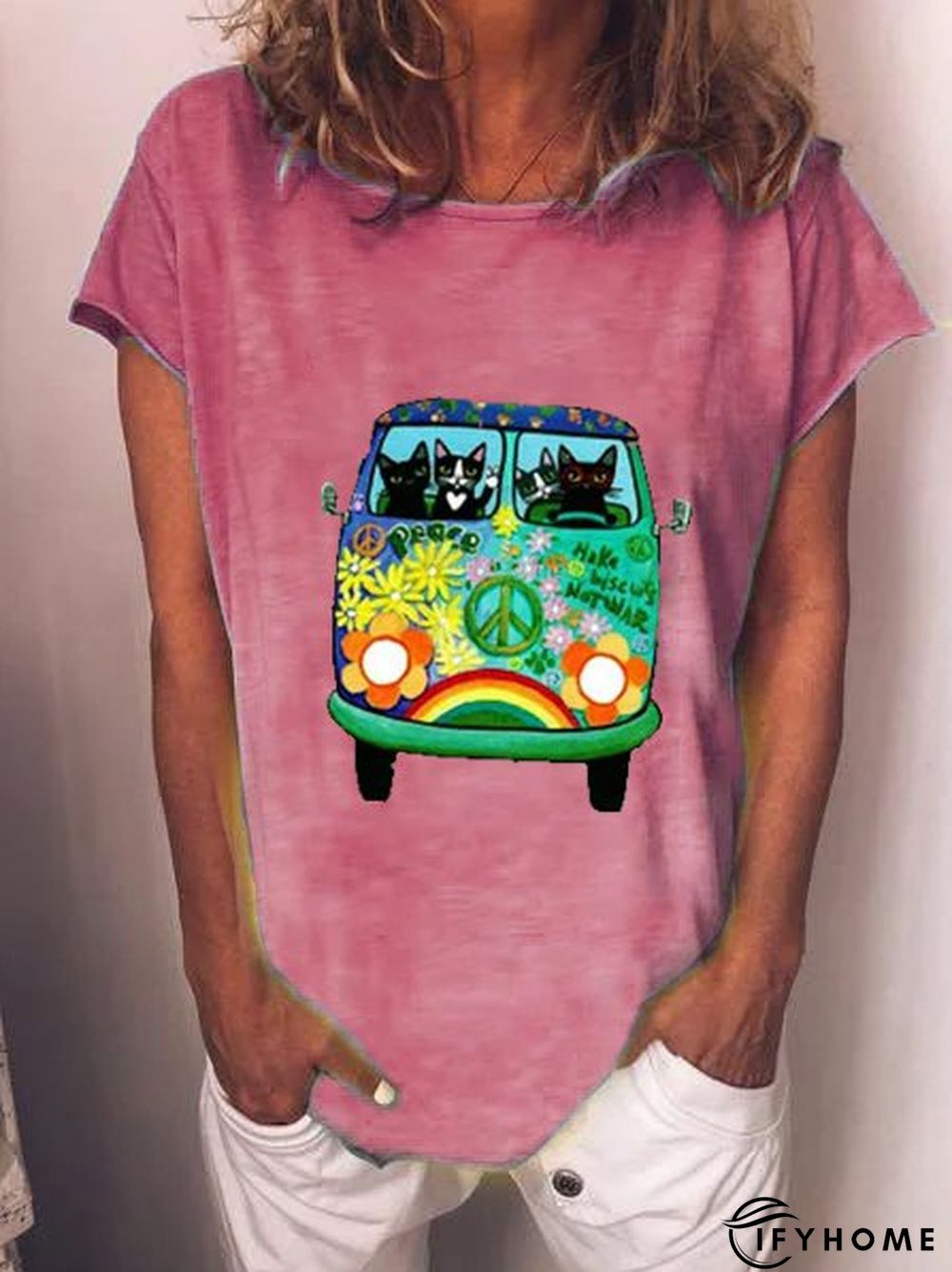 Printed Casual Crew Neck Cotton-Blend Tunic T-Shirt | IFYHOME