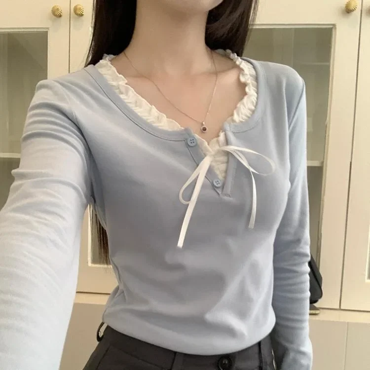 Korean Fake Two Piece O-neck Thick T-shirts Women Fall Winter Y2k Bow Patchwork Design Student Tops Fashion Long Sleeve  T Shirt