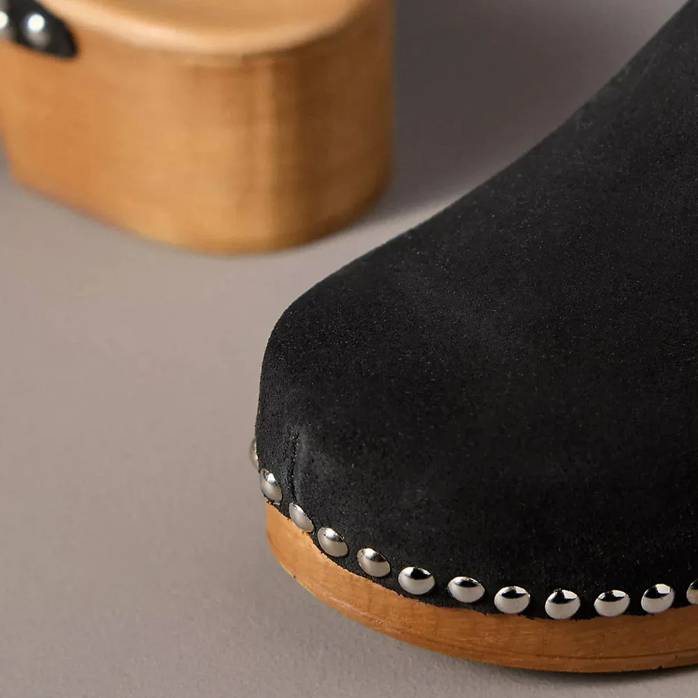 Black Closed Round Toe Chunky Heel Studded Platform Mules Shoes