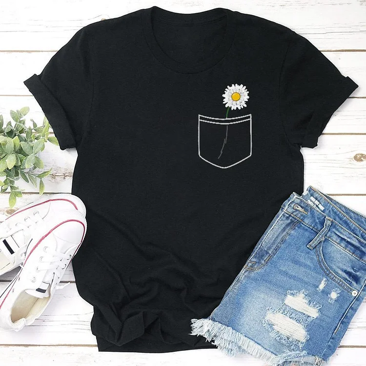 White Daisy in Pocket T-Shirt Tee --Annaletters