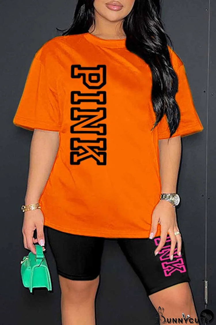 Orange Casual Print Letter O Neck Short Sleeve Two Pieces