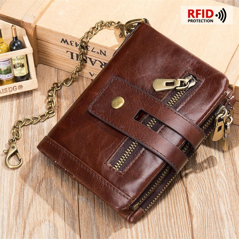 RFID Blocking Men's Leather Anti-Theft Chain Design Wallet