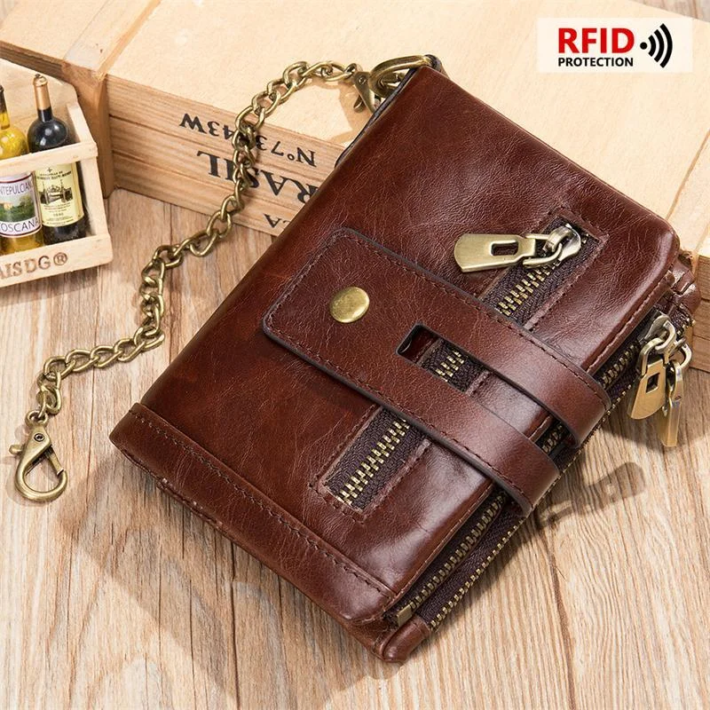 RFID Blocking Men's Leather Anti-Theft Chain Design Wallet