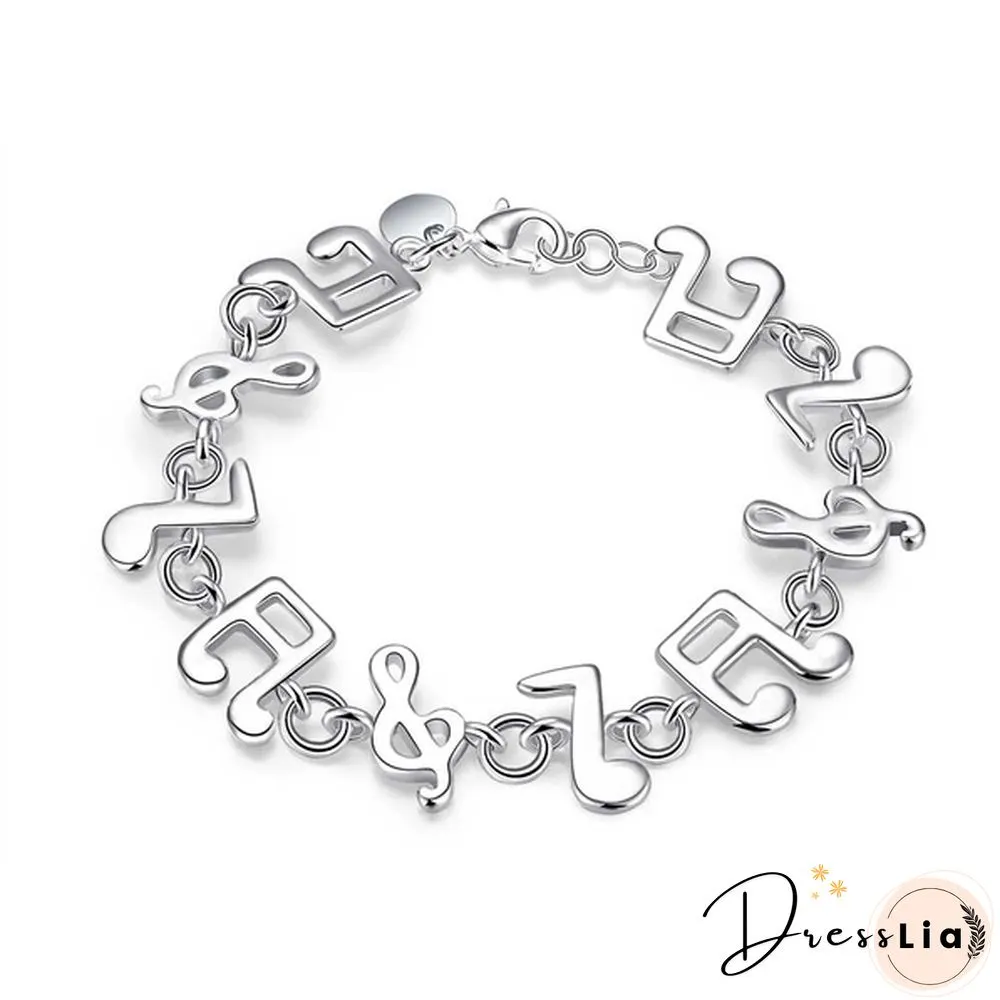 New Women 925 Sterling Silver Plated Charm Cute Music Note Chain Bracelet Bangle