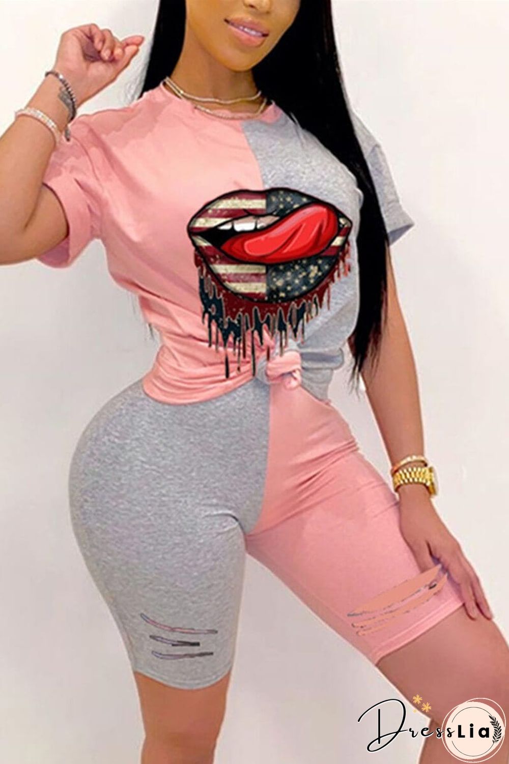 Casual Printed T-Shirt  Patchwork Set