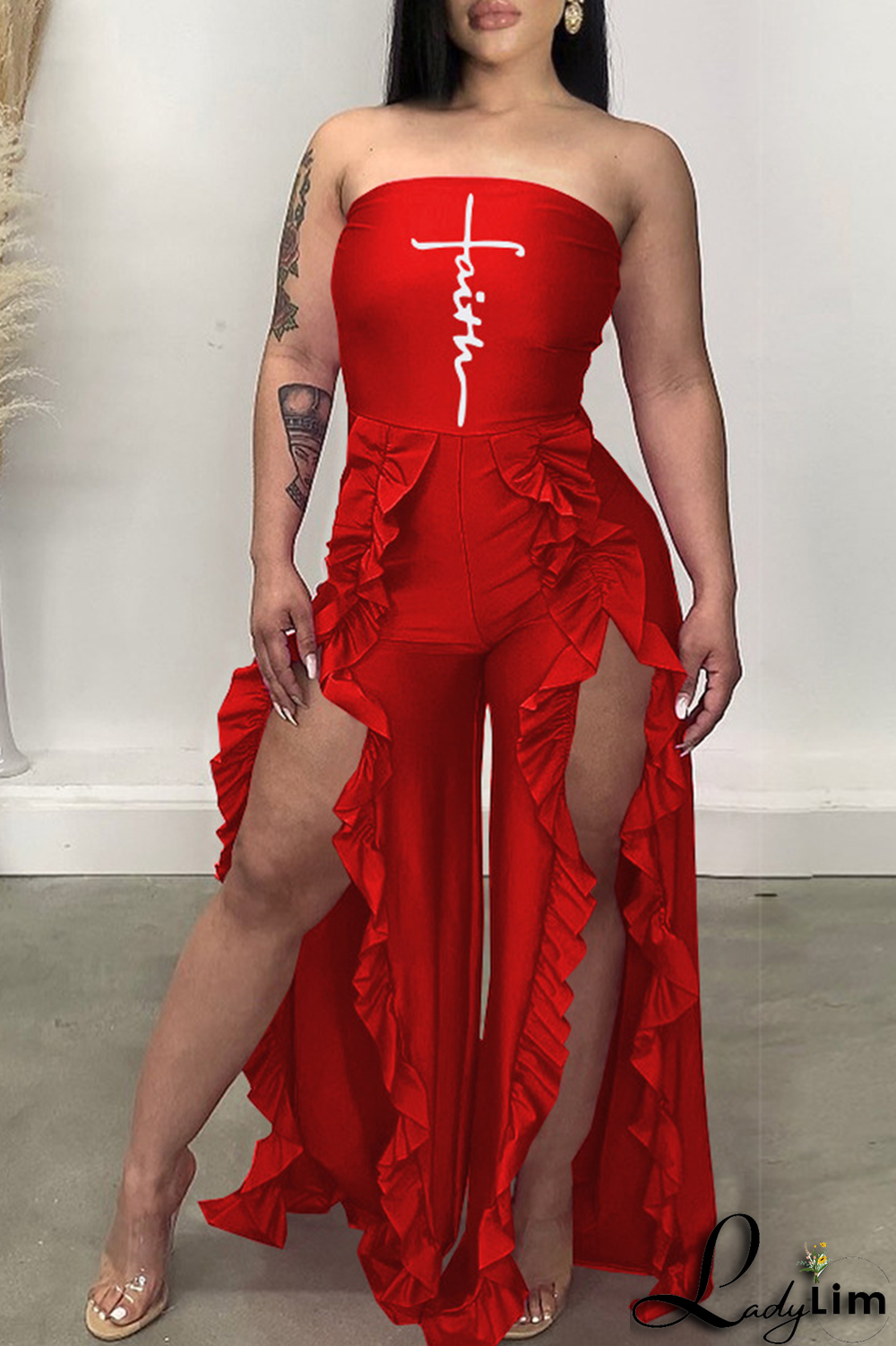 Tangerine Red Sexy Print Flounce Strapless Boot Cut Jumpsuits