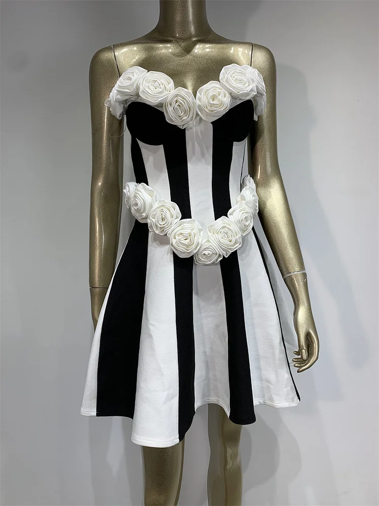 Tube Top Flower Striped Party Dress