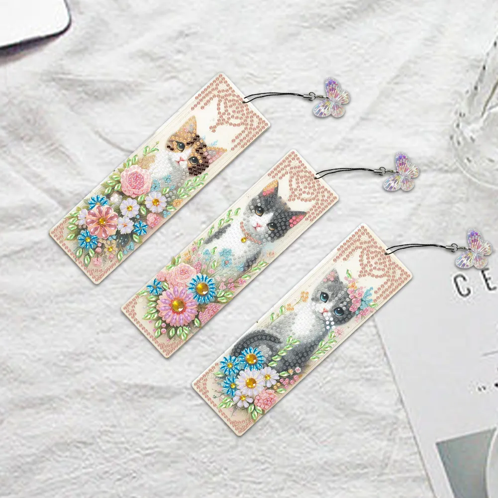 3Pcs Flower Cat DIY Special Shape Diamond Painting Bookmark for Book Lovers