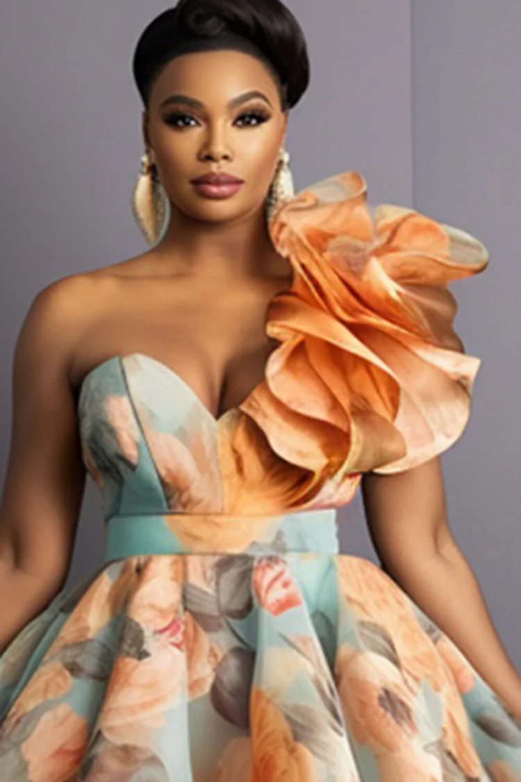 Xpluswear Design Plus Size Formal Multicolor Elegant Floral One Shoulder Ruffle High Low Hem Tulle Maxi Dresses [Pre-Order]