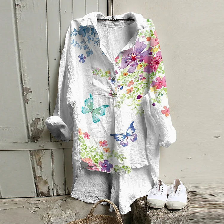 Comstylish Casual Butterflies And Floral Linen Short Front And Long Back Blouse