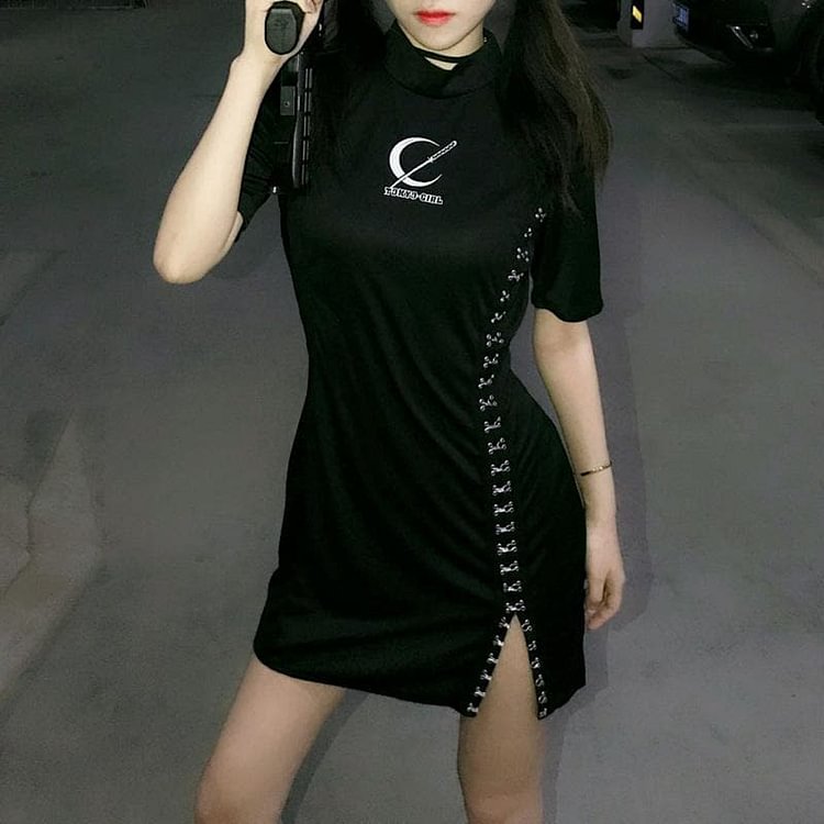 Black Gothic Tokyo Girl Laced Cheongsam Dress SP13917