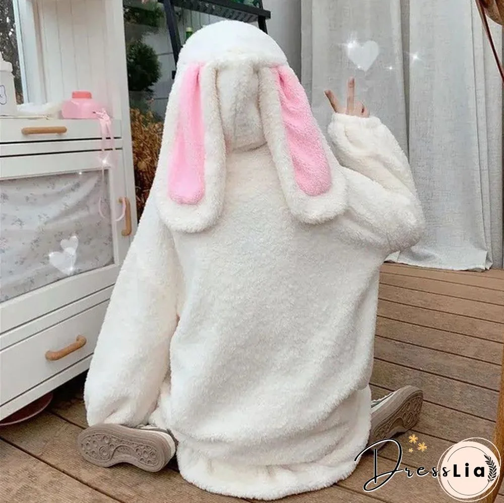 New Women Kawaii Zipper Hooded Coat Rabbit Ears Cute Sweet Girls Harajuku Style Warm Jacket