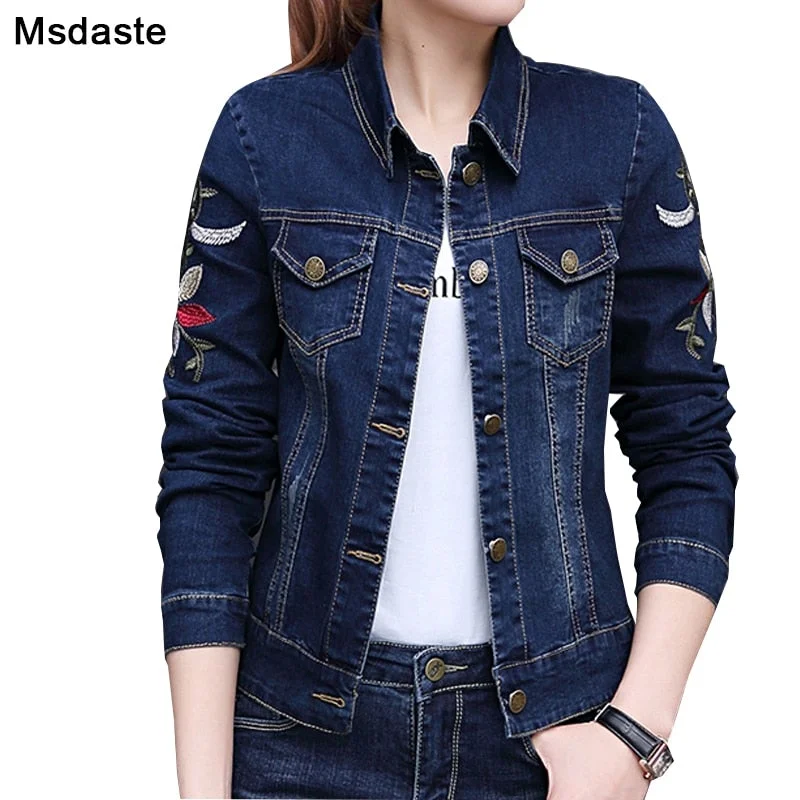 Jeans Jackets Women 2019 Autumn Flower Embroidery Vintage Female Long Sleeve Casual Coats and Top Woman Blue Short Denim Jackets