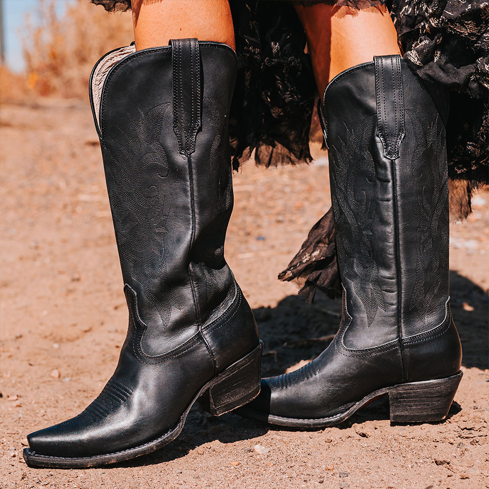 Black Snip Toe Chunky Heel Wide Calf Knee High Cowgirl Boots