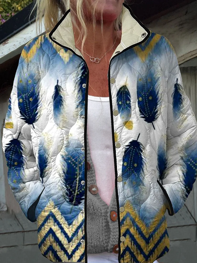 Women's Vintage  Feather Art Print Casual Quilted Jacket