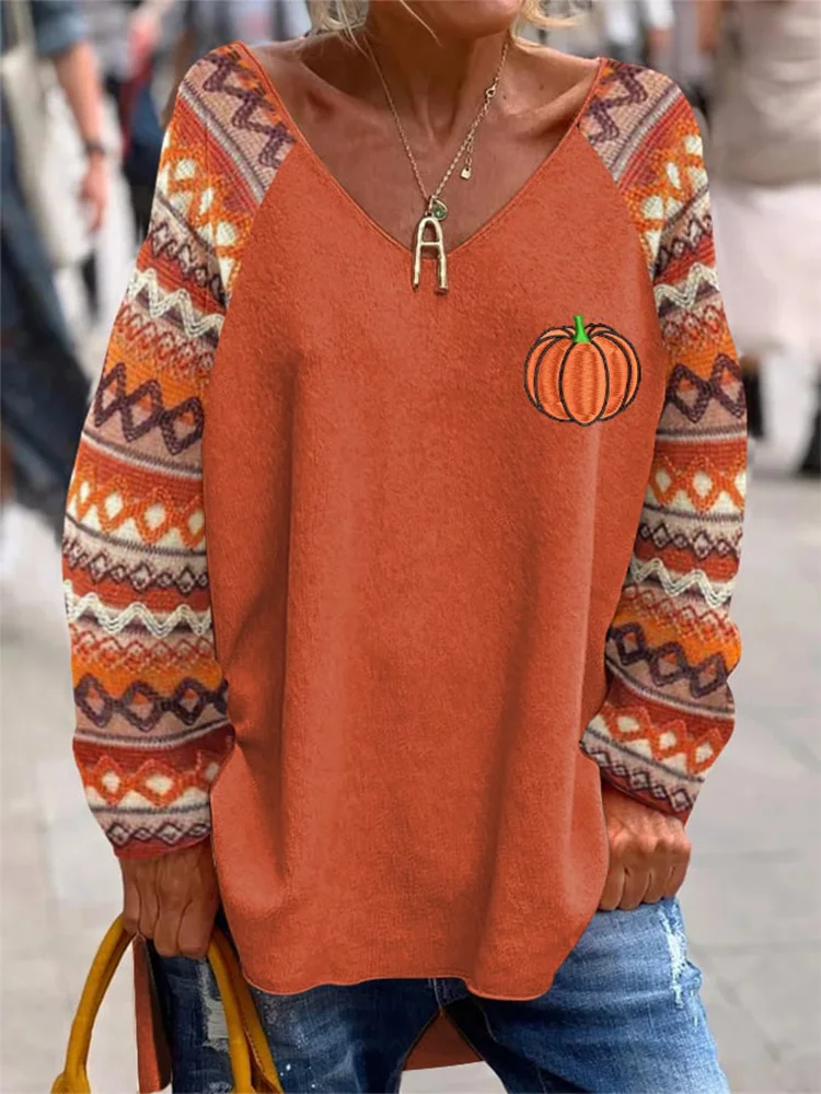 Women's Fall Retro Geometric Pumpkin V Neck T-Shirt