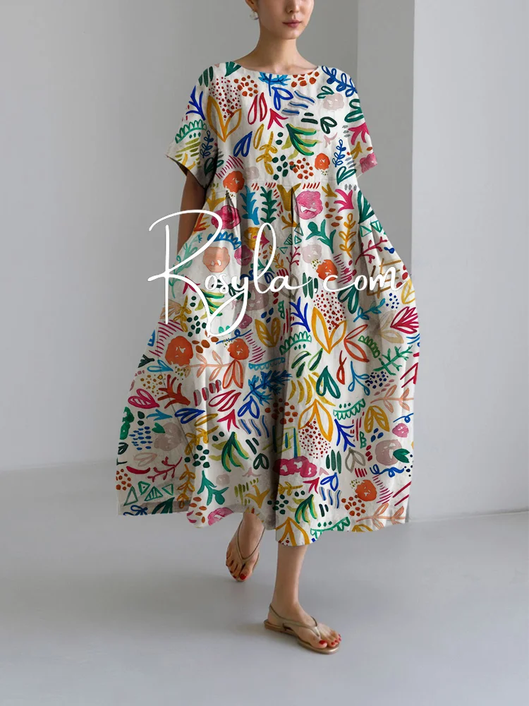 Women's Leisure Summer Flory Print Loose Round Neck Medium Length Skirt Dress