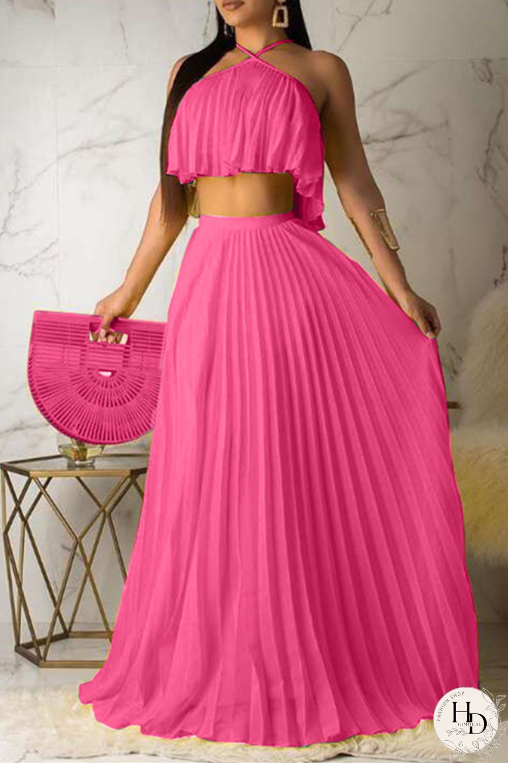 Pink Fashion Sexy Sleeveless Skirt Two-piece Set