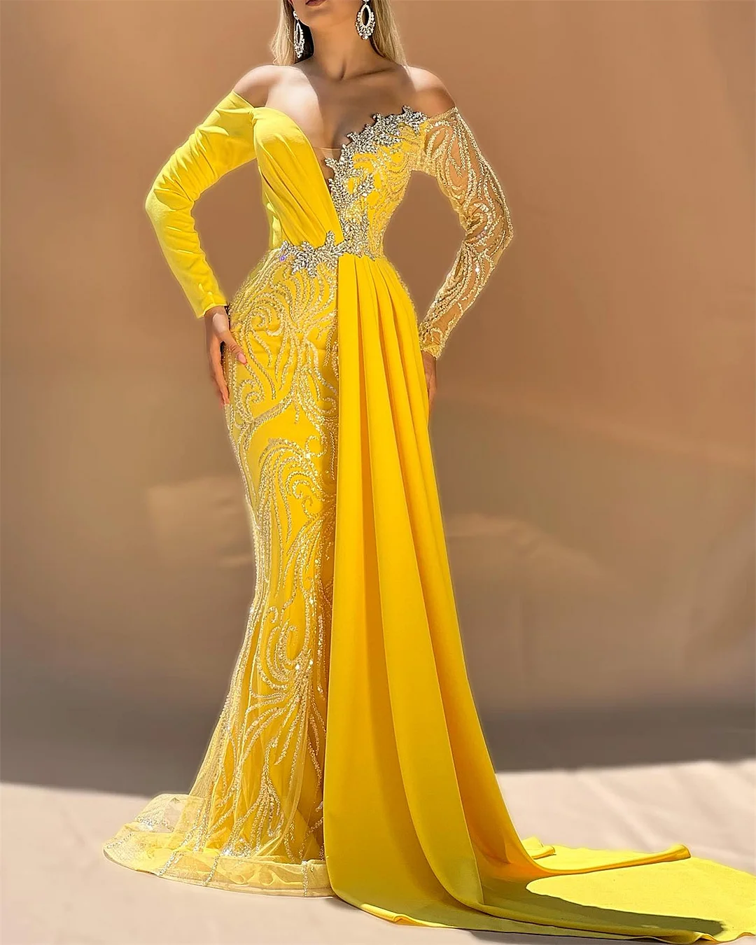 Women's Yellow Long Sleeve Sequined Dress