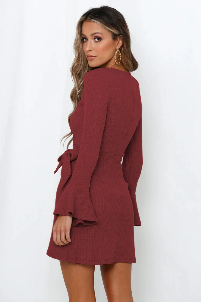 Brownm Fashion Autumn Small Horn Ruffled Long Sleeve Slim-fit Bow Elegant High-end Dress