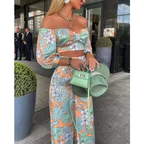 Sampic Y2K Casual Chic Women Summer Tracksuit 2021 Pants Set Floral Print Shirt Tops And High Waist Pants Long Two Piece Set