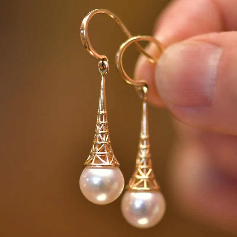 Luxury Gold Color Pagoda Earrings Elegant Metal Inlaid Imitation Pearl Drop Earrings Gifts Women Wedding Jewelry Gifts