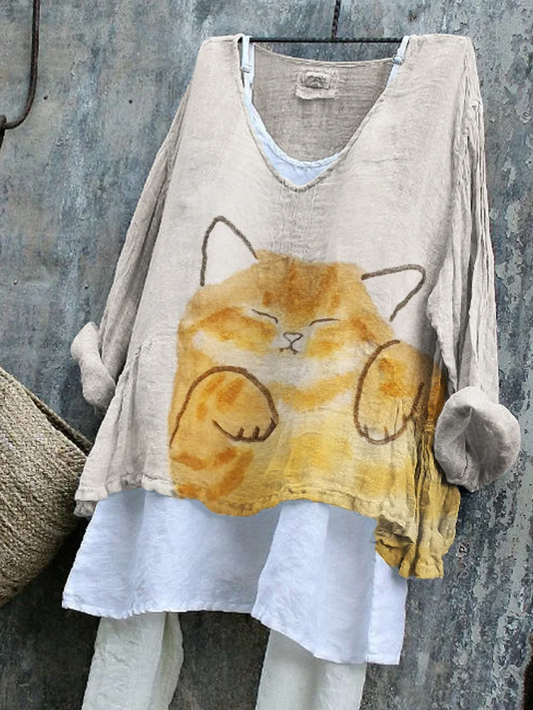 Comstylish Sleeping Cat Simple Watercolor Art Flowy Tunic