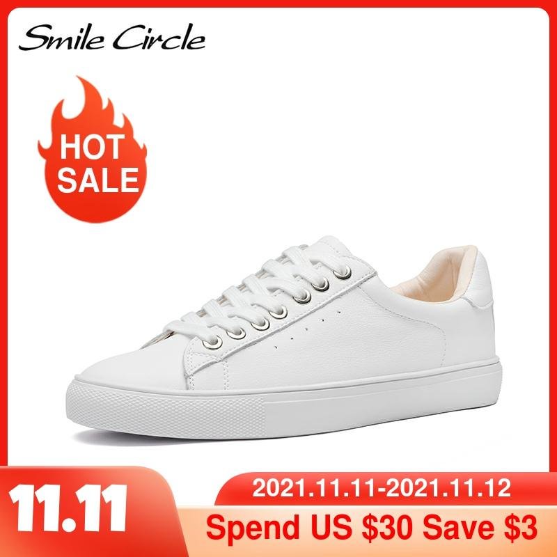 Smile Circle White Sneakers Women Genuine Leather Low-Heel Flat Platform Ladies Fashion White Shoes Women size 36-42
