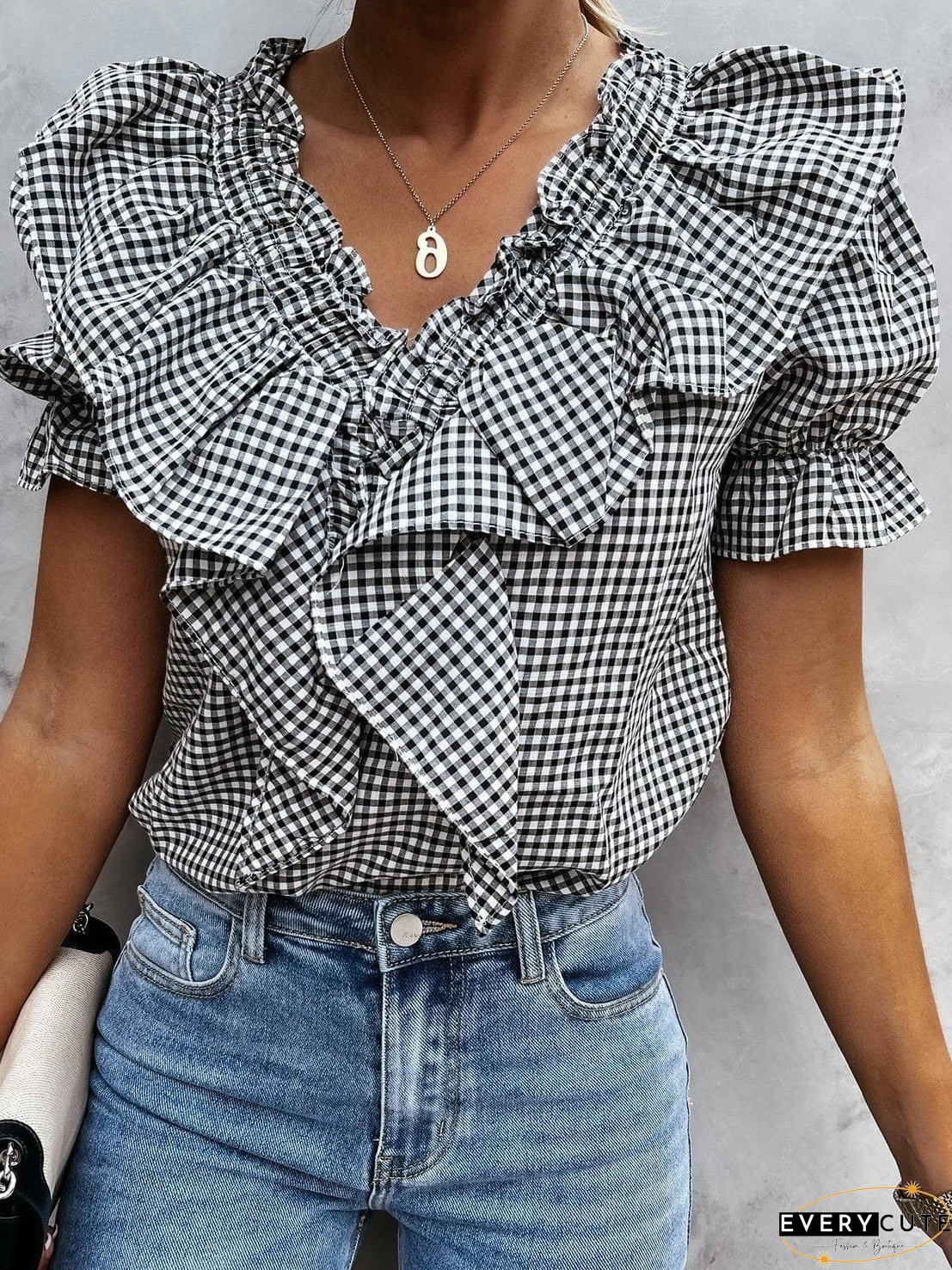 Layered Plaid Short Sleeve V-Neck Lotus Leaf Blouses